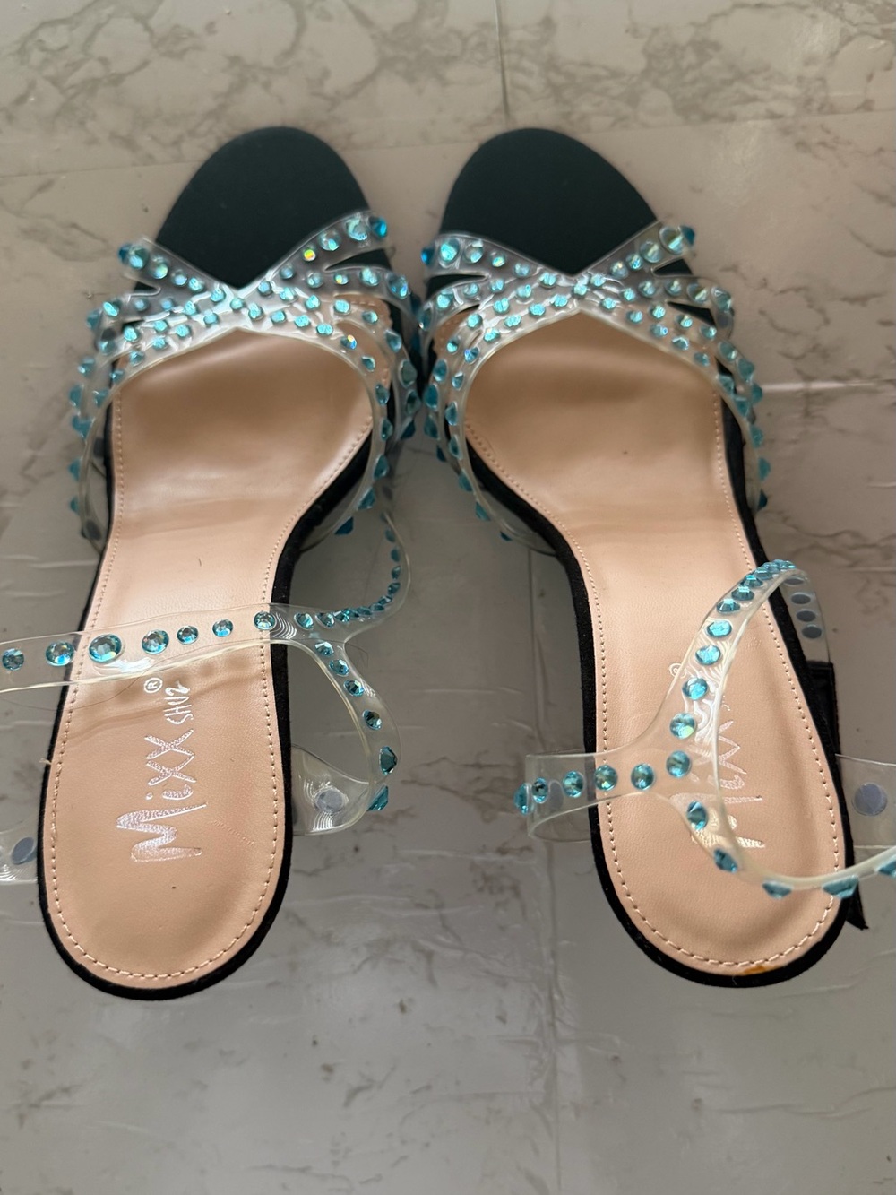 MIA Clear-Strap Sandals with Aqua Blue Rhinestones